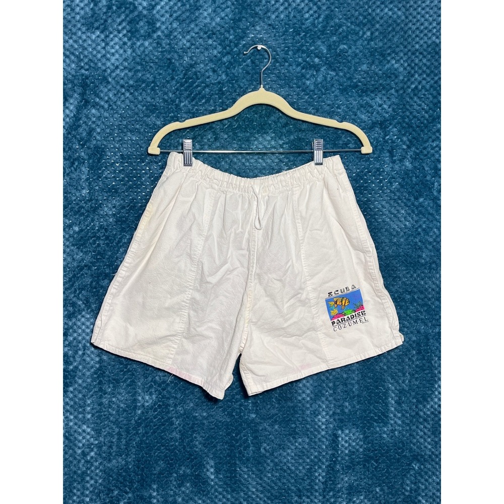Vintage White Graphic Swim Trunks Scuba Paradise Cozumel Mexico
